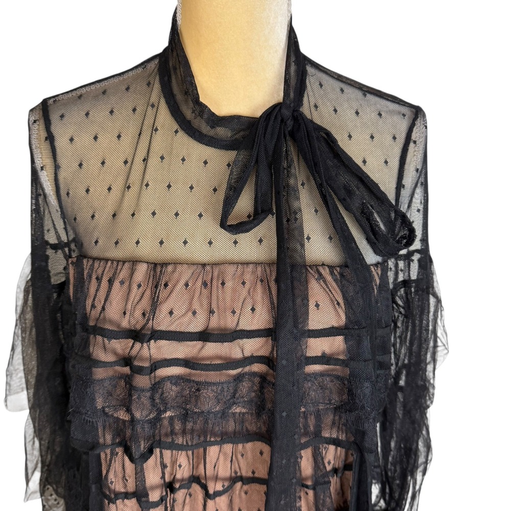 Gianni Bini Black Sheer Lace Tiered Ruffle Tie Neck Miranda Dress New - Picture 3 of 9